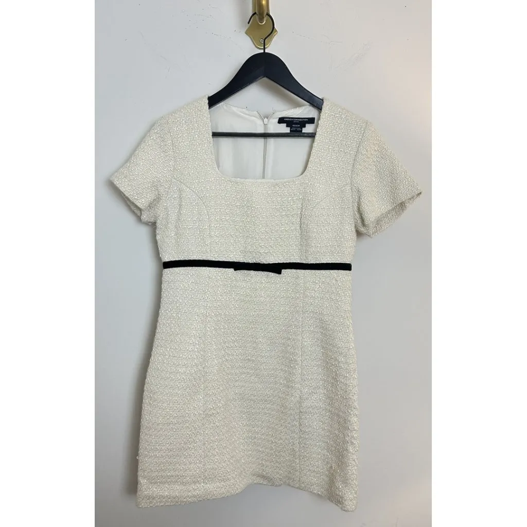 FRENCH CONNECTION Velvet Bow Short Sleeve Bouclé Minidress in Cream/ Black - Image 3