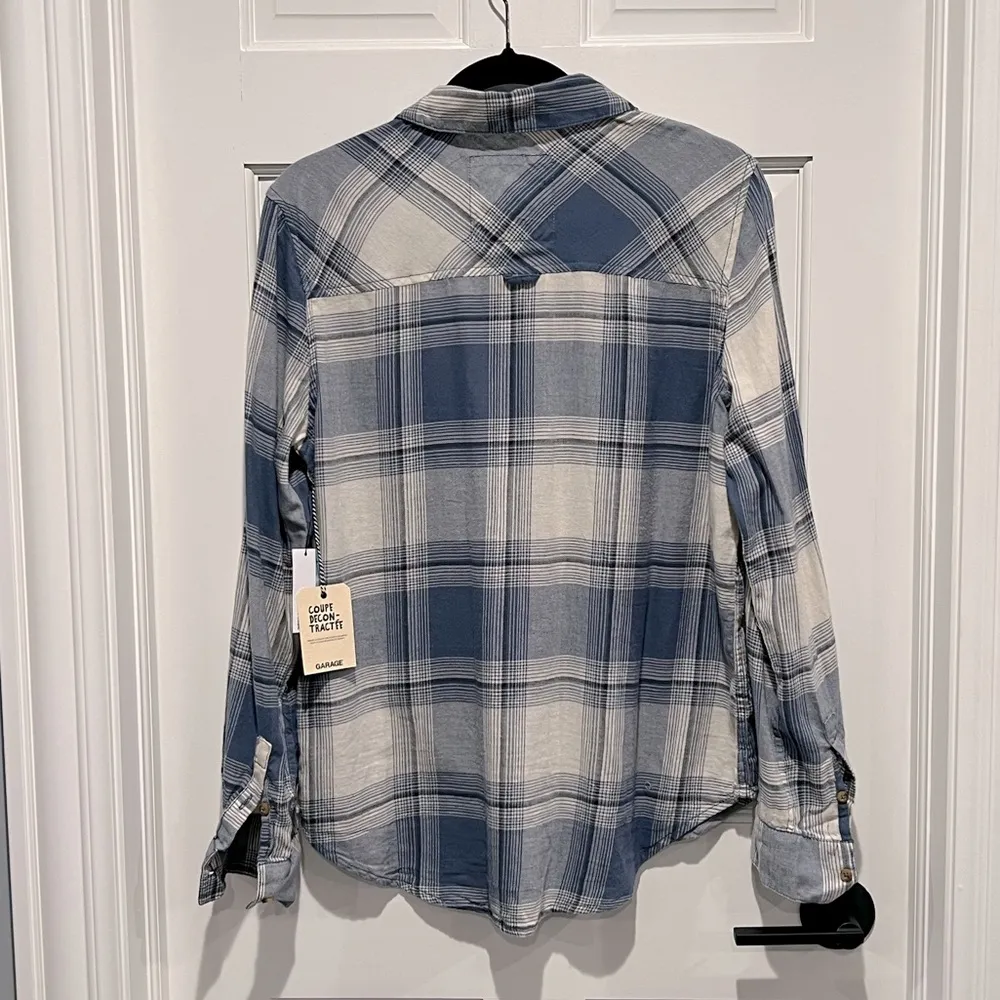 Plaid Oversized Button Down Long Sleeve Shirt Relaxed Fit Medium Blue - Image 6