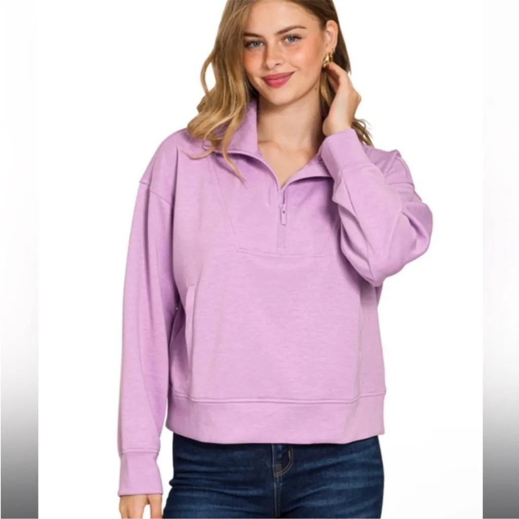 Zenana Scuba Quarter-Zip Pullover Sweatshirt Lavender — Size Small - Image 2