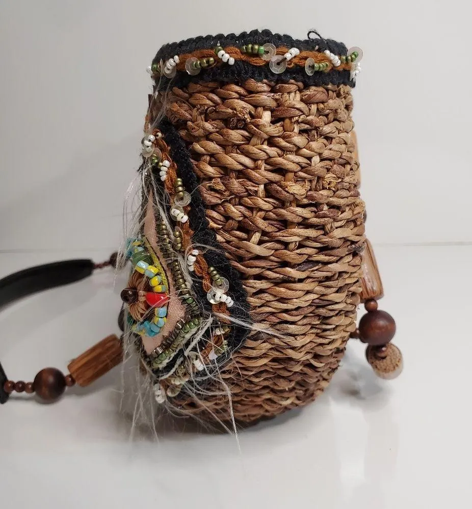 Mary Frances Straw into Gold Wood Beaded Floral Shoulder Bag Beaded Tassel - Image 2