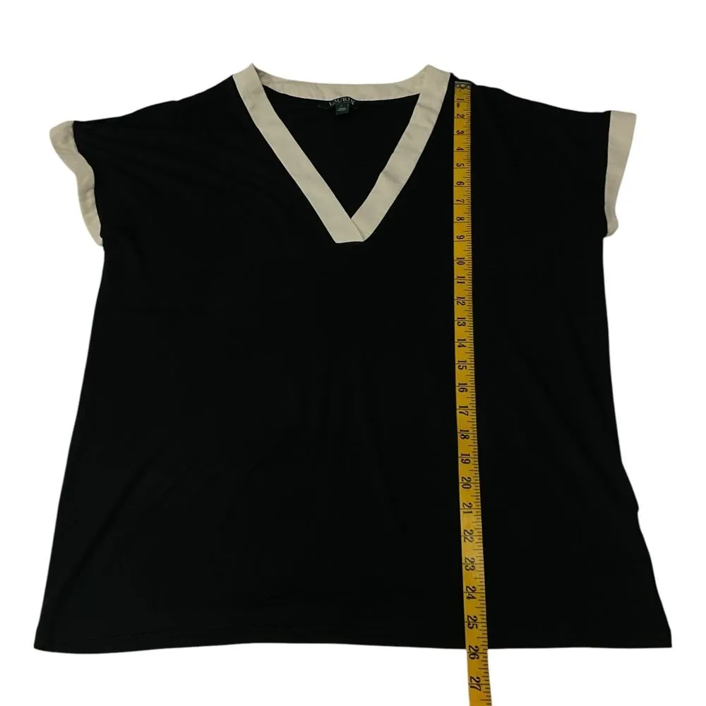 LAUREN  Women's V-Neck Tunic Top Sz L Cream Trim Short Sleeve Blouse - Image 8