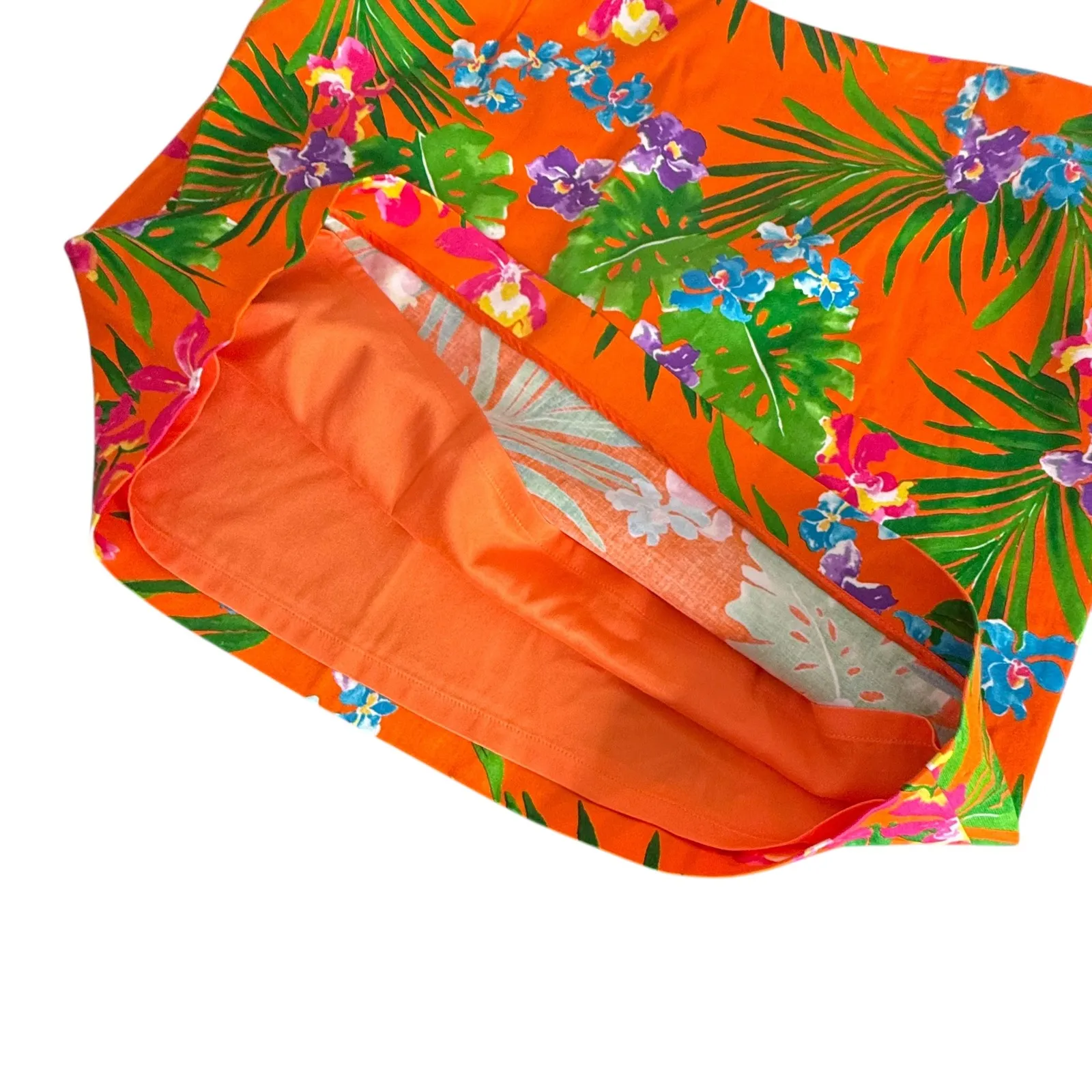 Ralph Lauren Black Label‎ Tropical Print Short Mini Skirt Size 12 Silk Cotton Orange - Image 7