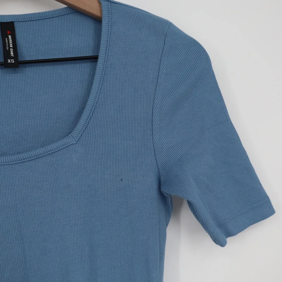 American Giant Ribbed Square Neck Short Sleeve Top Blue XS Made in USA - Image 4