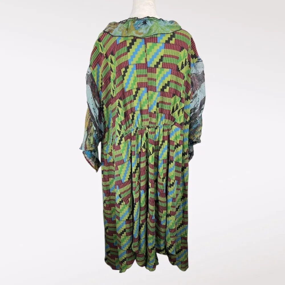 URU Silk Art Wear Patchwork Asymmetrical Dress One Size Green Size L - Image 5