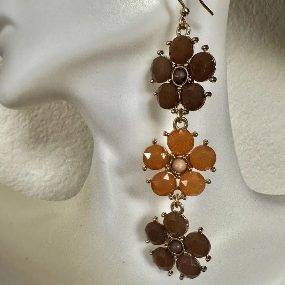 Orange and brown flower triple tier drop earrings - Image 3