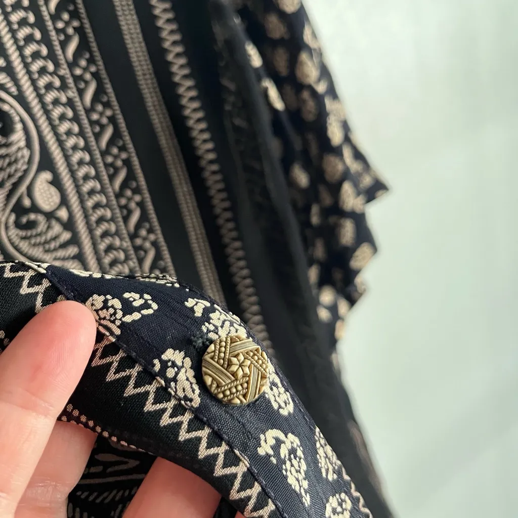 Vintage Boho Mixed Print Button Down Top Blouse Ethnic Border, Indie Folk Shirt Black Size 1X - Image 7