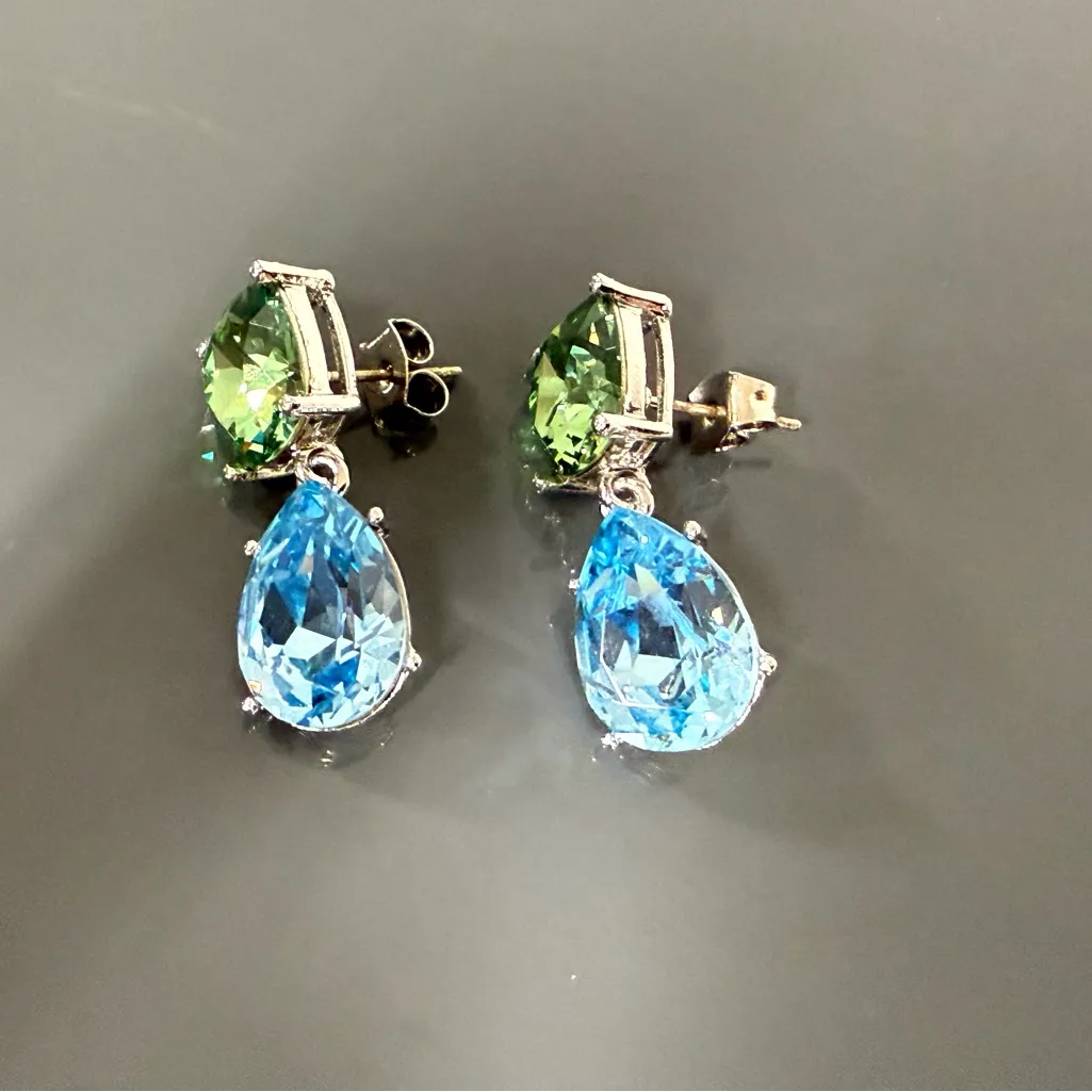 Blue and Green Crystal Dangle Earrings Silver - Image 2
