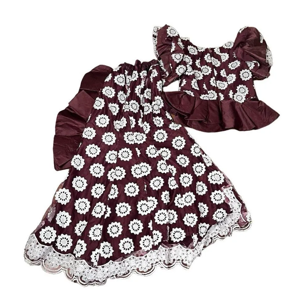 HANDMADE Lace African Style Formal Top Skirt Burgundy White Hand Crafted Size M - Image 9