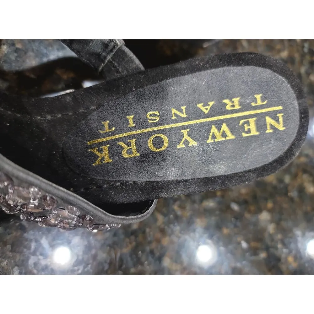 New York Transit Bling Wedge Sandals Womens Size 8M Black Crystal Stone Slip On - Image 6