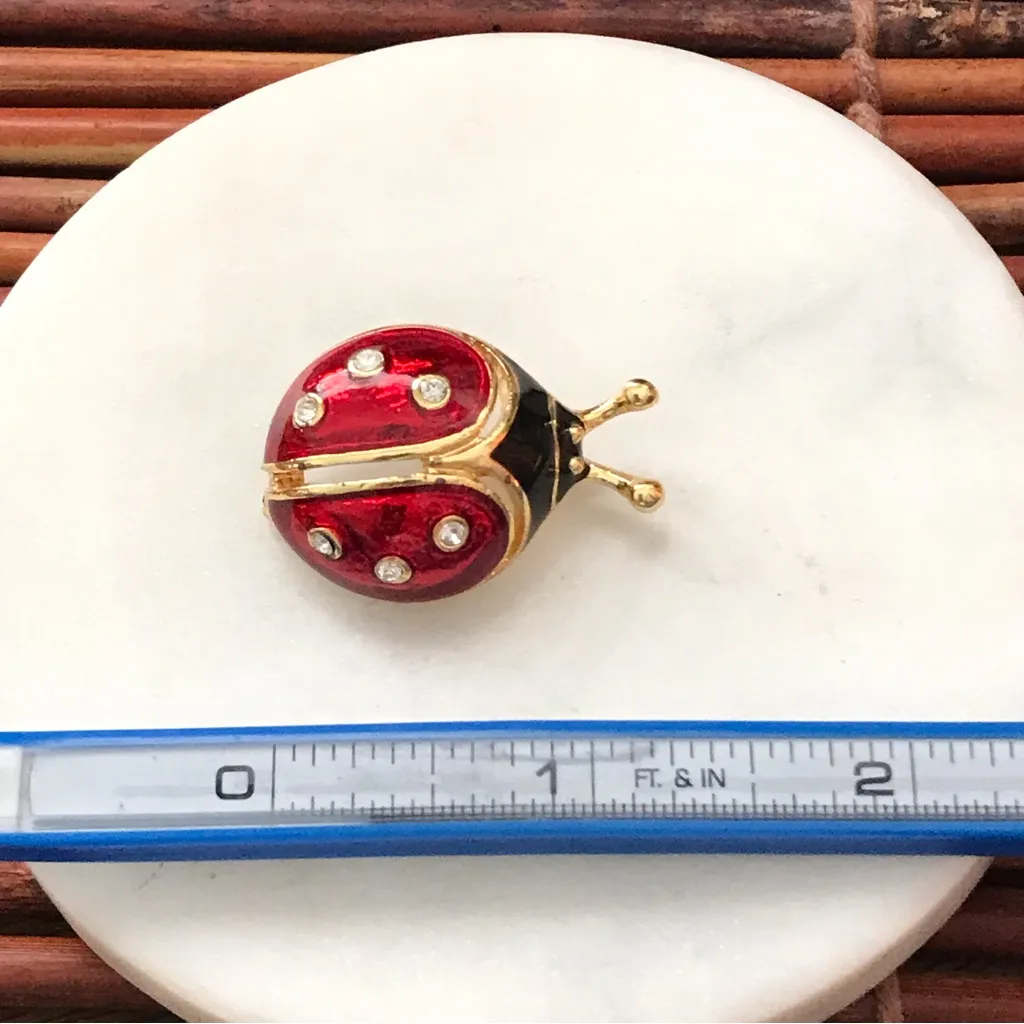 Enameled Lady Bug Brooch Pin Red and black with Rhinestones. Gold tone - Image 6