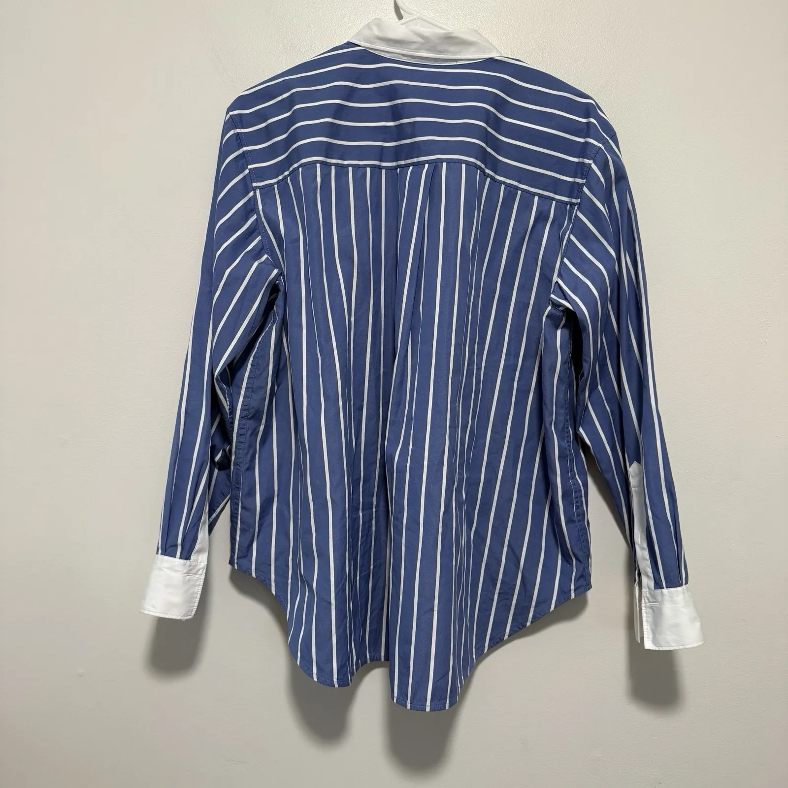 Spanx Blue Relaxed Fit Poplin Stripe Button Front Top Size Large - Image 6