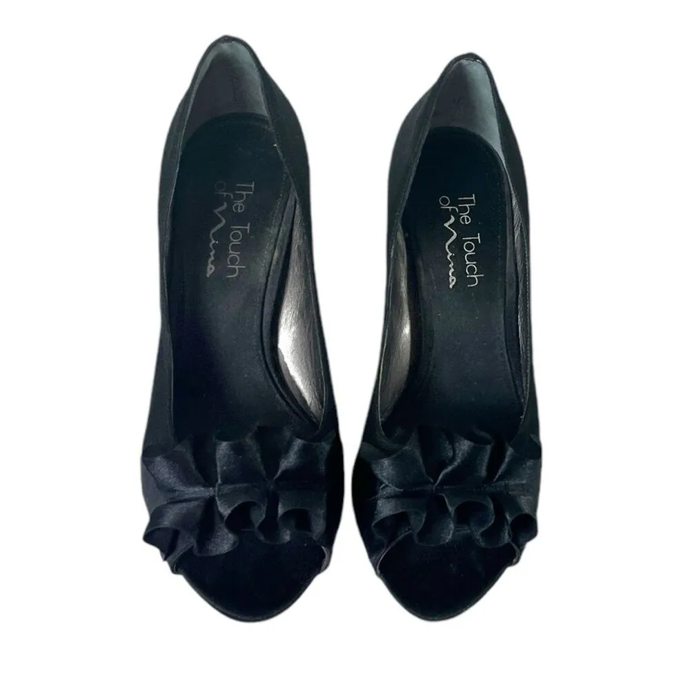 Nina Pump 3 1/2” Heel Black Satin Ruffle Peep Toe Closed Back Women’s Size 7.5M - Image 2