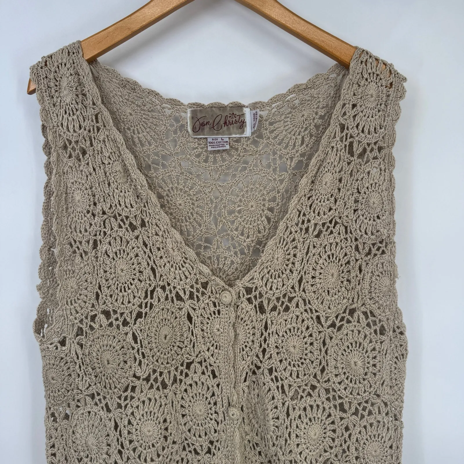 Jon Christy Hand Crocheted Cotton Vest Womens Large Beige Grannycore Open Knit Brown - Image 2