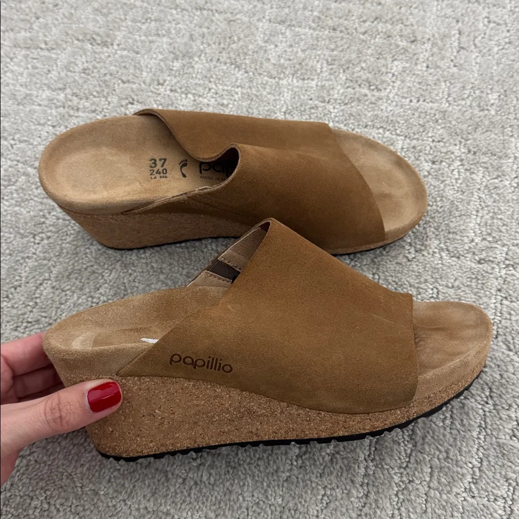 EUC Papillio by Birkenstock Namica Sandals Wedge tan suede cork sandal Brown Size 6 - Image 6