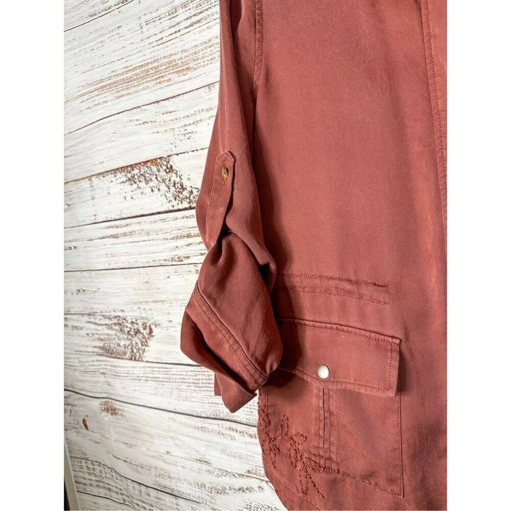 Ecru Women's Embroidered Drawstring Waist Cargo Utility Jacket Brick Size Medium - Image 8