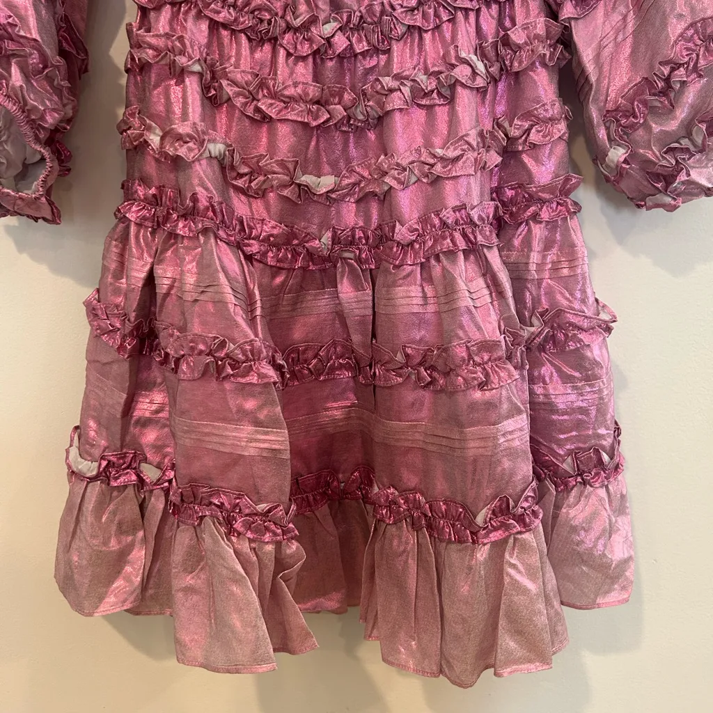 NWT Cynthia Rowley Foil Metallic Pink Silk Mini Dress XS Ruffle Formal Feminine - Image 4