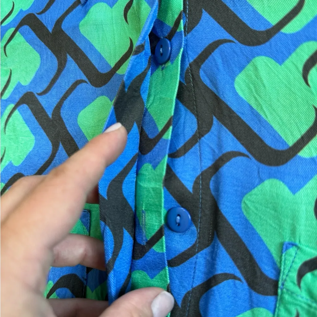 adL Blue, Green, Black Patterned Jumpsuit Romper with Cinched Waist and Collar. Blue - Image 2