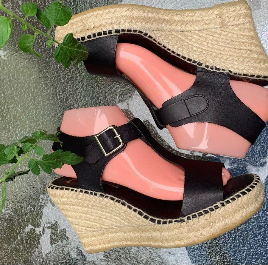 Paseart Leather Black Wedges Espadrille Sandals size 39 8.5 Shoes - Image 2