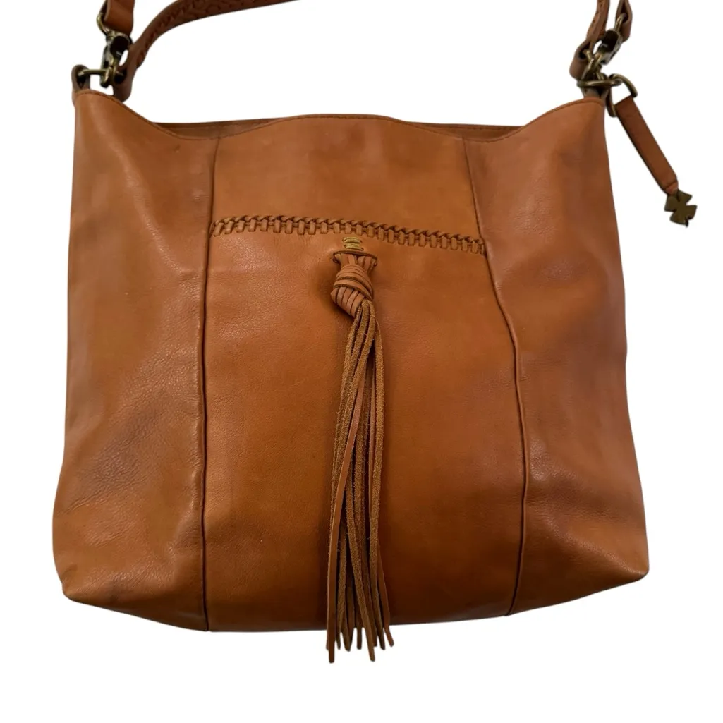 Lucky Leather Tote Shoulder Crossbody Bag with Tassel Cognac - Image 5