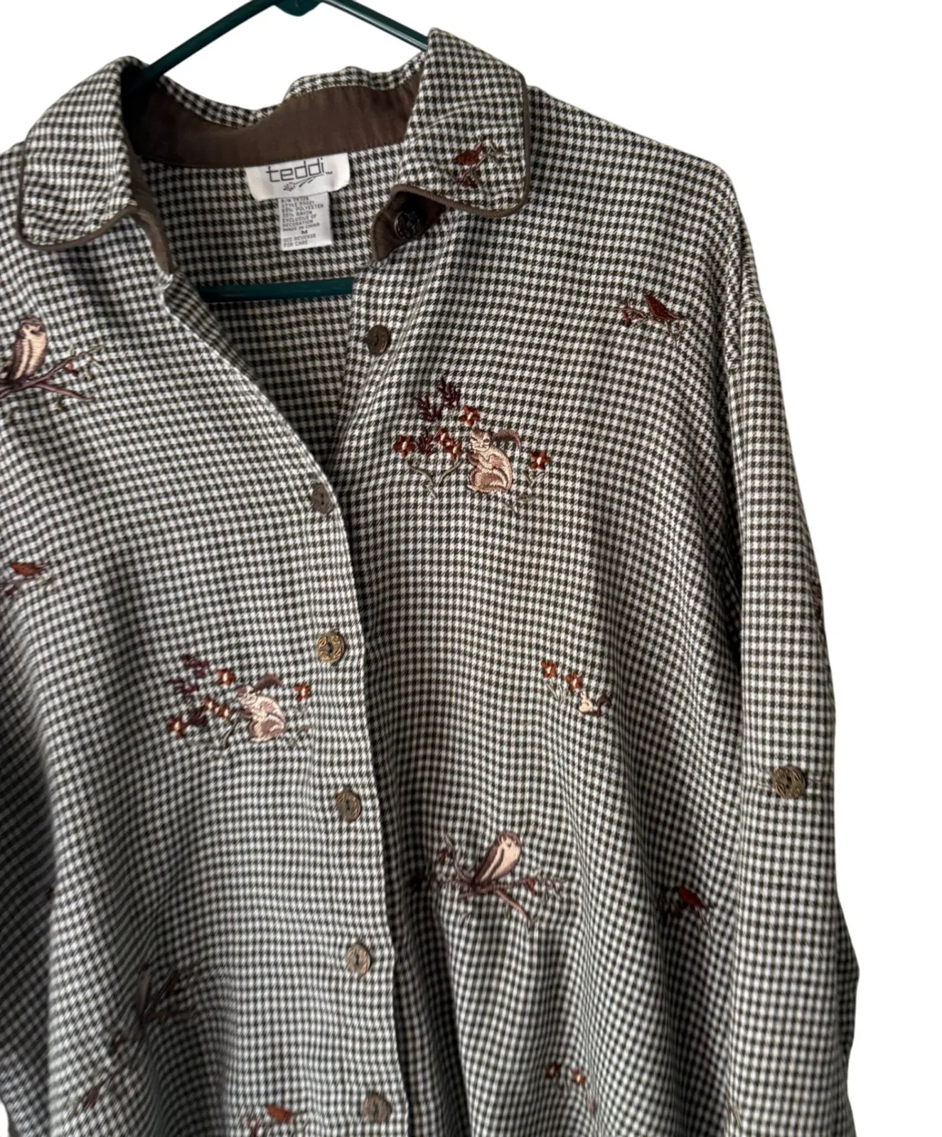 Teddi Vintage 90s Womens Plaid Button Down Shirt Embroidered Birds Cottagecore M Brown Size undefined - Image 1