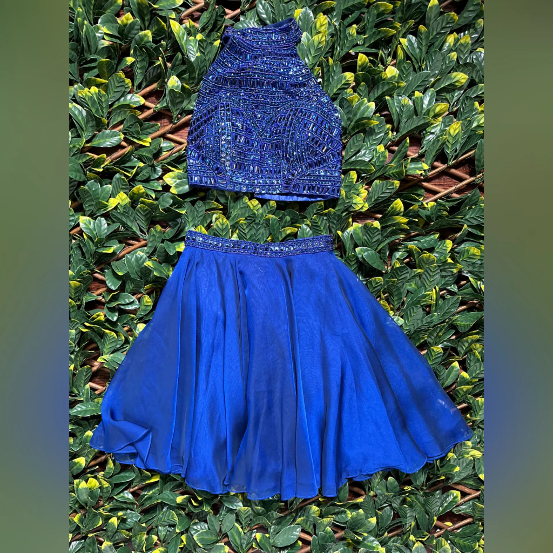 SHERRI HILL 50692 Bejewelled Blue Top and Skirt Size 2 - Image 4