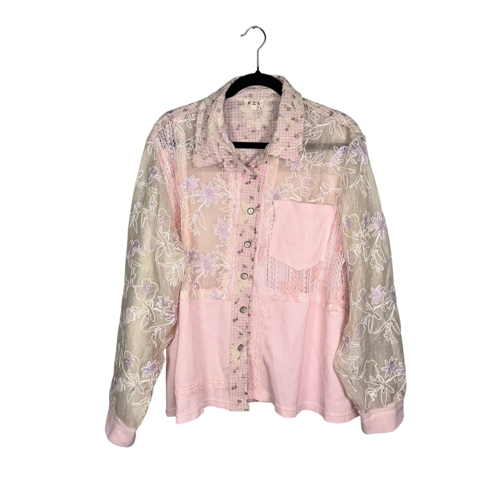 POL Golden Hour Flower Floral Embroidered Lace Patchwork Jacket Top Womens Large - Image 6