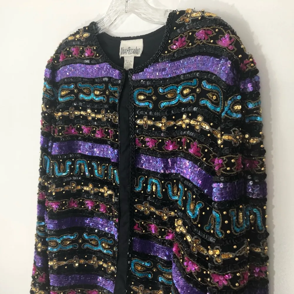 Vintage Sequin Beaded Silk Embellished Jacket Black Size 12 - Image 3