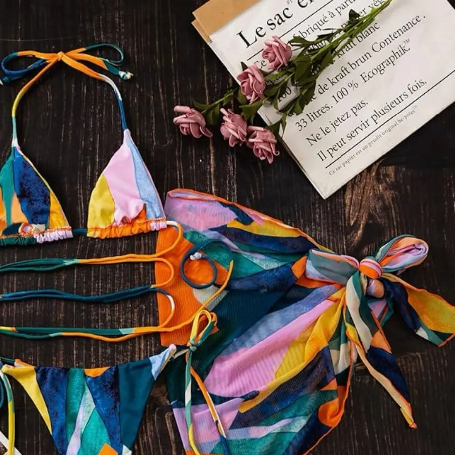 Colorful Bikini Set with Sarong Orange - Image 2
