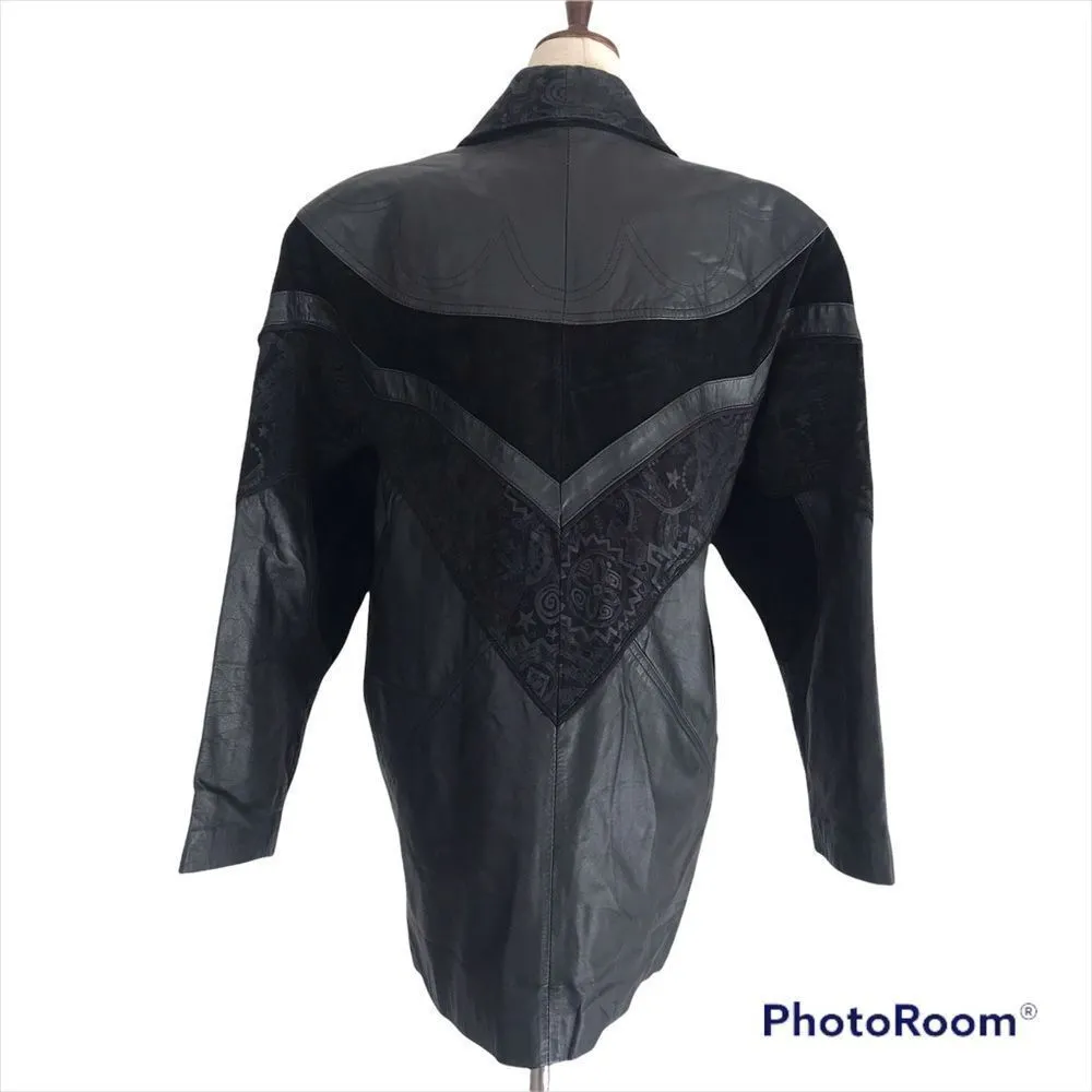 VINTAGE 90s Leather‎ Duster Blazer Jacket Midi Longline 80s Suede Black Small Black - Image 2
