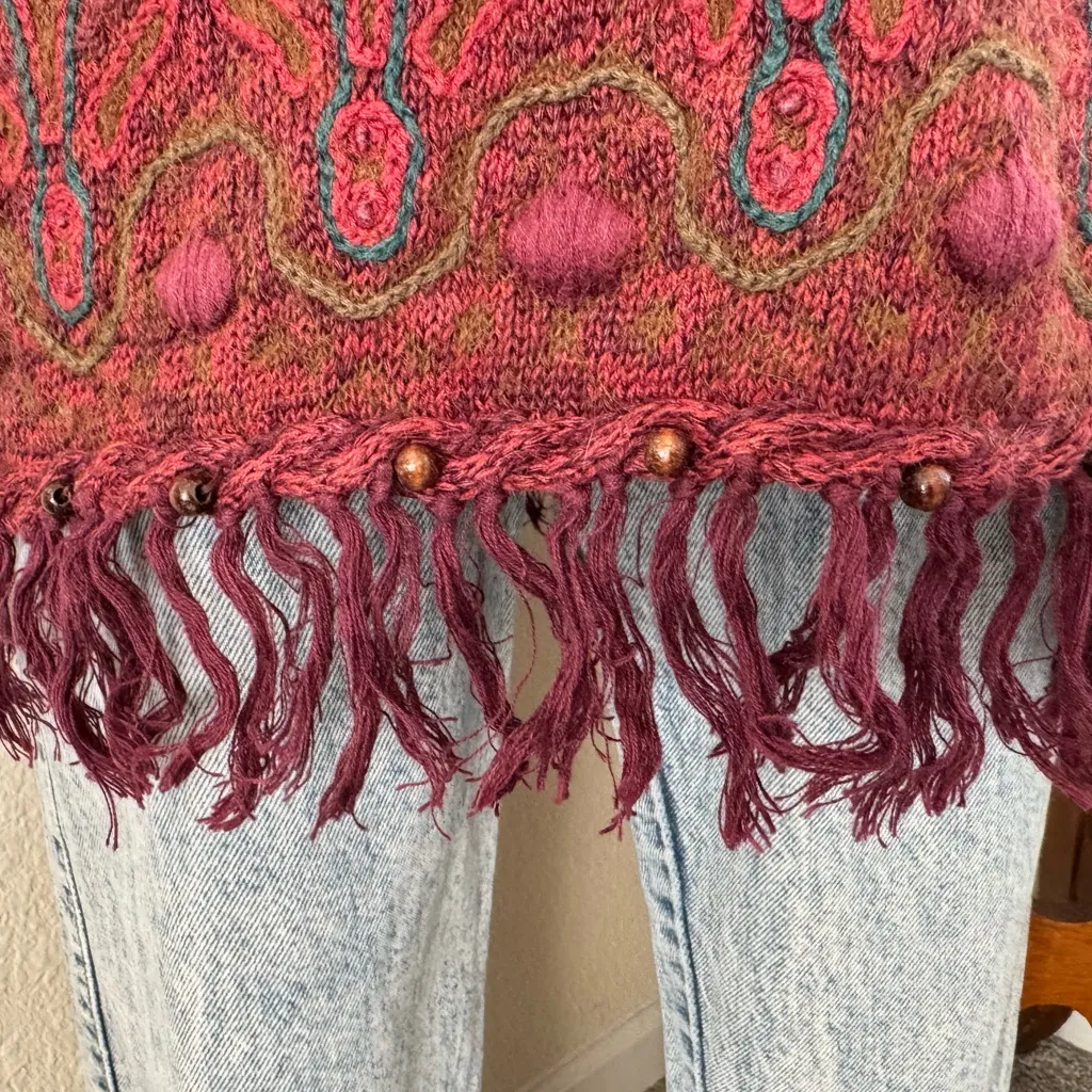 Vintage Boho Sweater Ramie Cotton Mohair Blend fringe beaded knit fall medium Red - Image 4