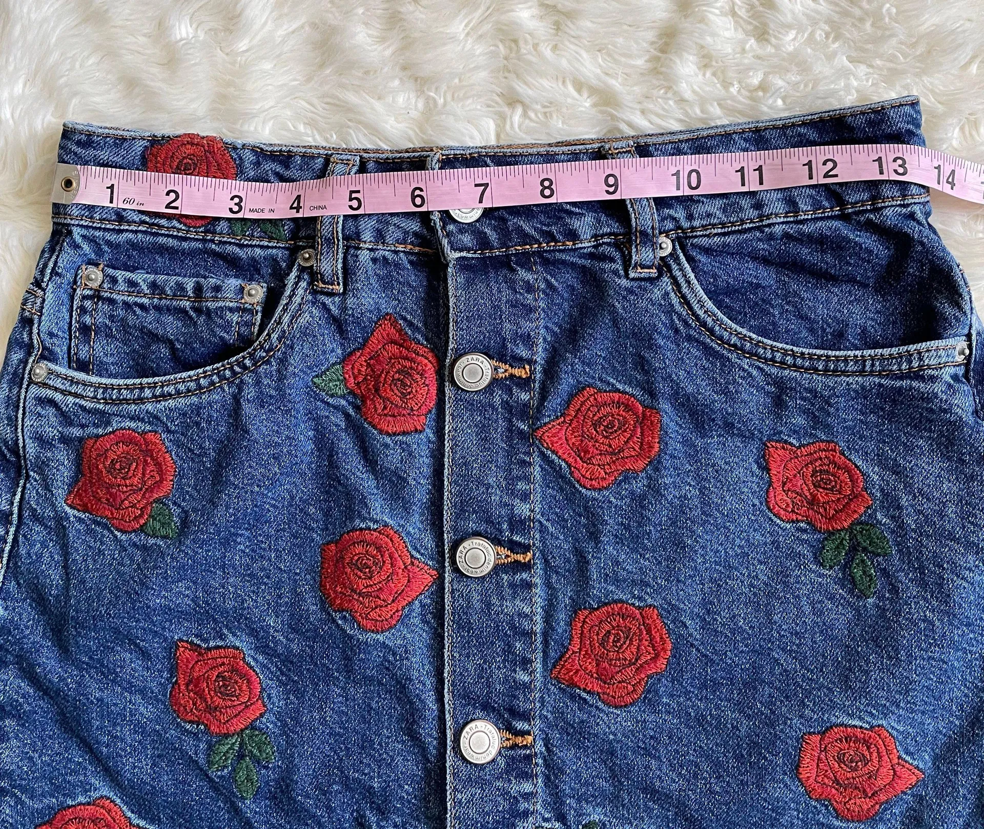 Skirt Rose Flower Embroidered Denim Button Front Mini Blue Red XS - Image 8