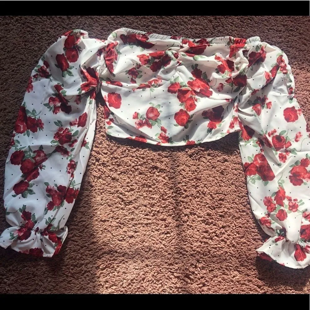 Brand New Parisian‎ Off White Red Floral Ruched Detail Bardot Top Size 2 - Image 7