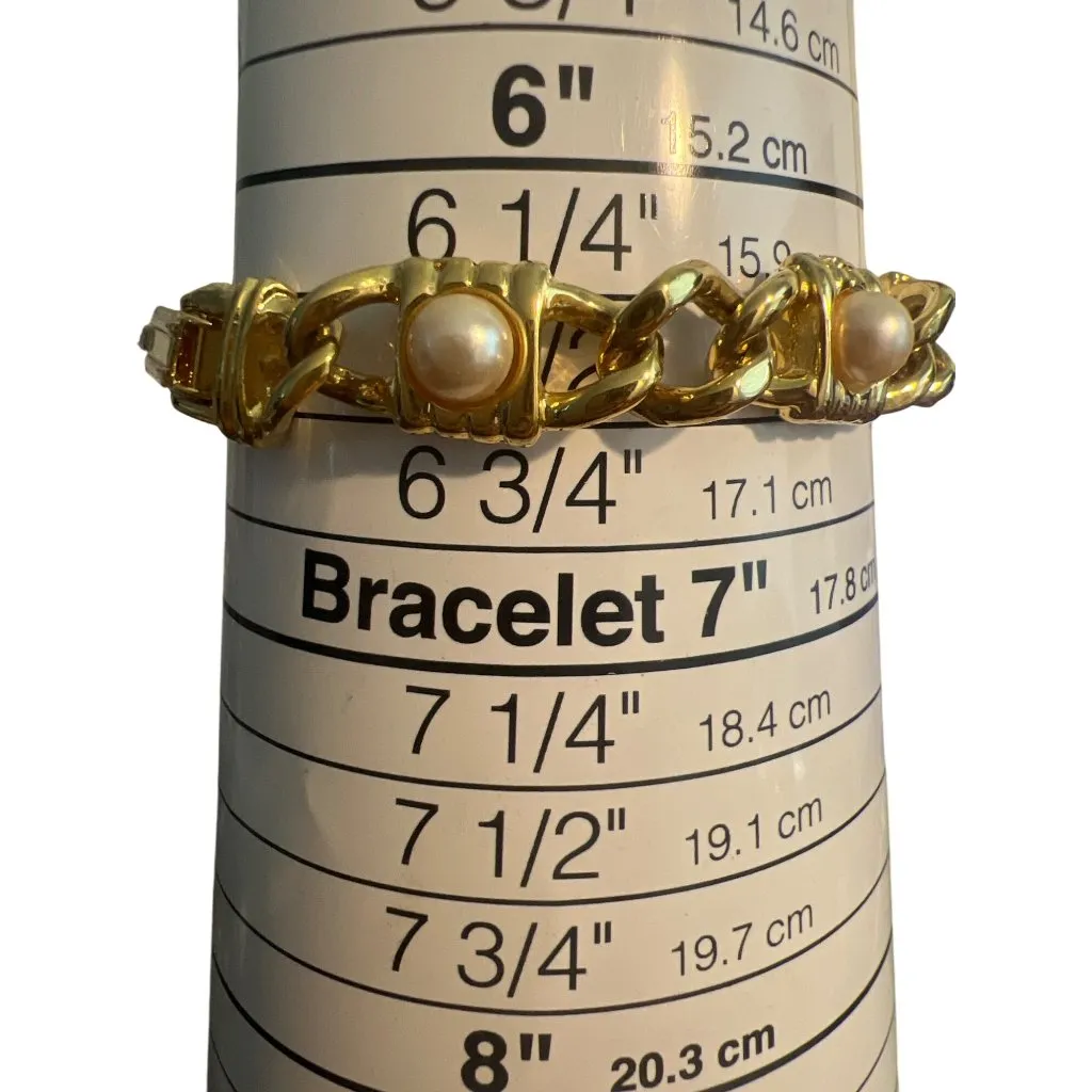 Vintage Gold Tone Chain Link Bracelet Faux Pearl Fold Over Clasp Estate 6.5" - Image 4