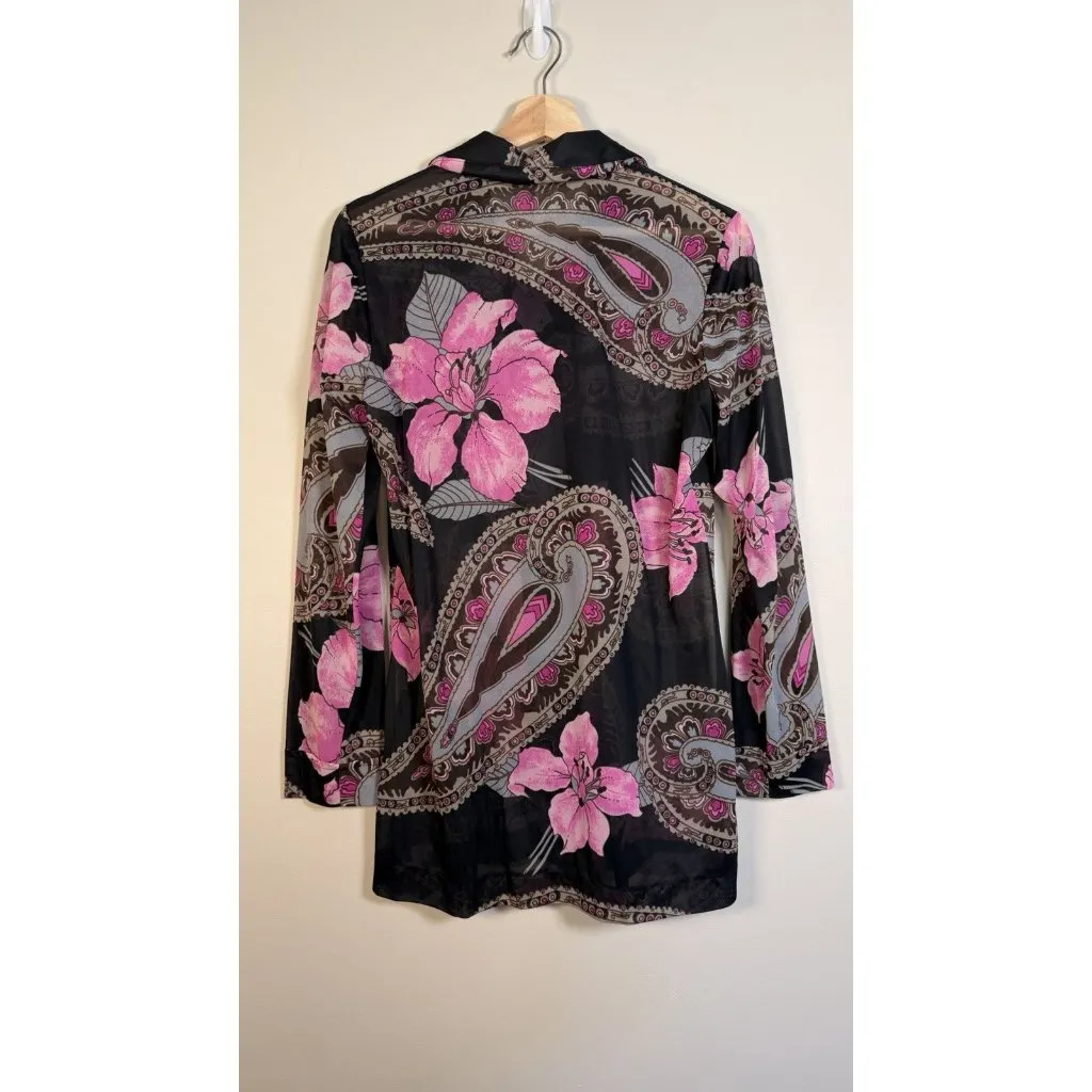 Vintage 70s Women’s Shirt Paisley Gogo Mod Disco Hippie Button Sheer‎ Size Med Pink - Image 7