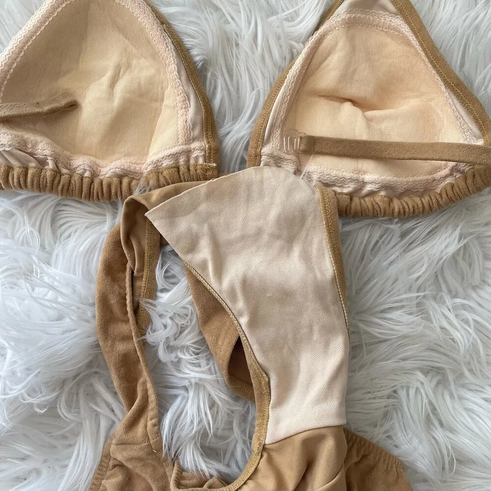 Vintage Tan Faux Suede Halter Triangle High Cut Bikini Swimsuit Boho Western Size M - Image 7