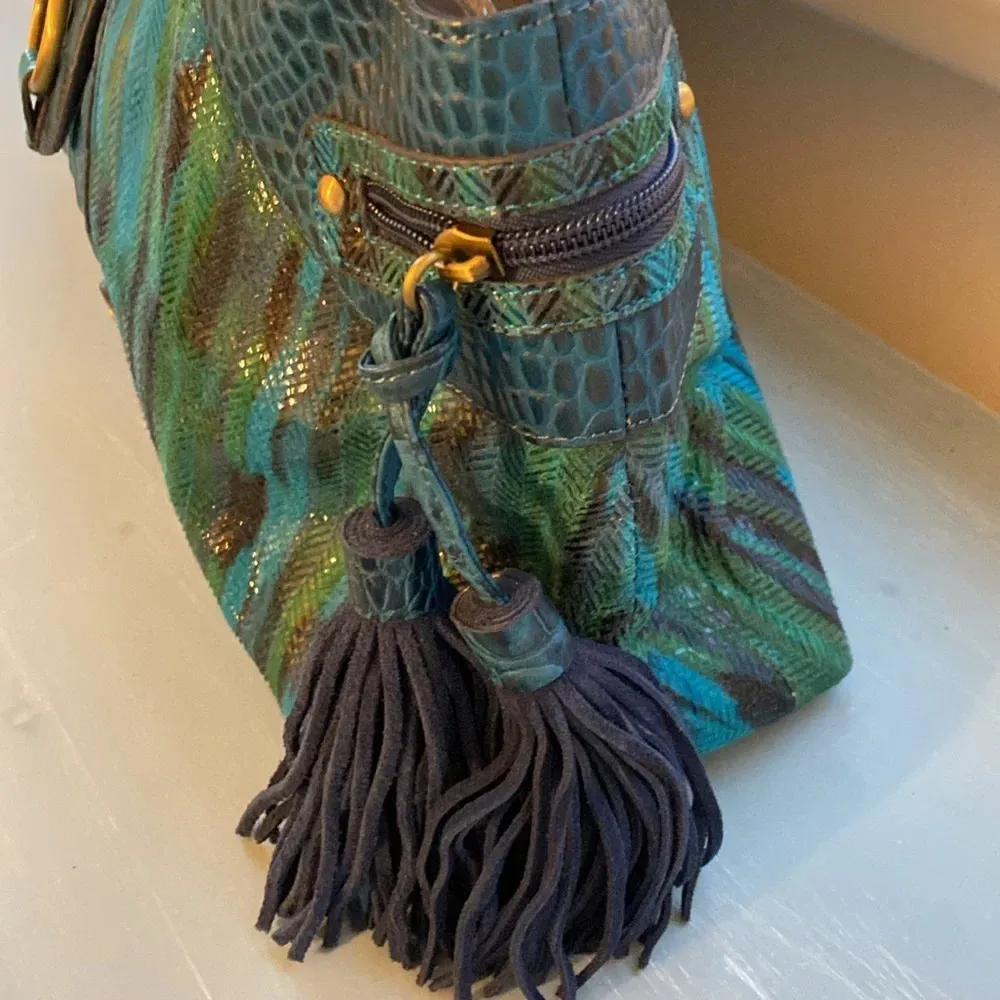 Sharif Textured Leather Tassel Satchel Handbag Blue - Image 6