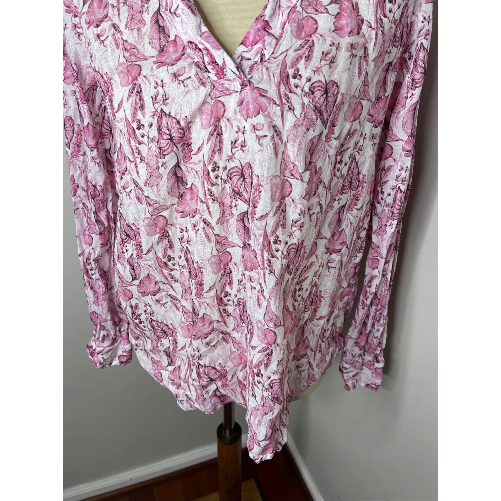 120% LINO Pink White Floral Longsleeve Linen‎ Tunic Shirt Sz 42 - Image 7
