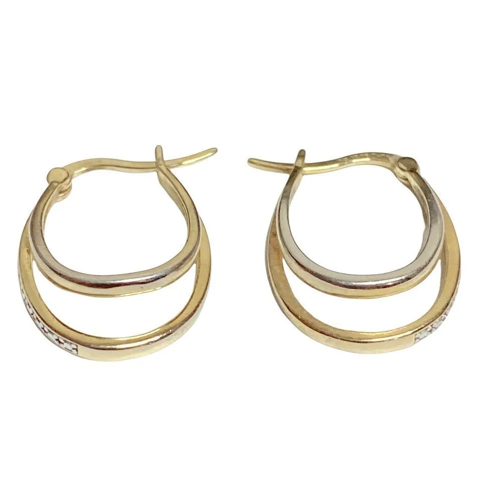 925 Sterling Silver Gold Overlay Two Tone Double Hoop Diamond Earrings - Image 6