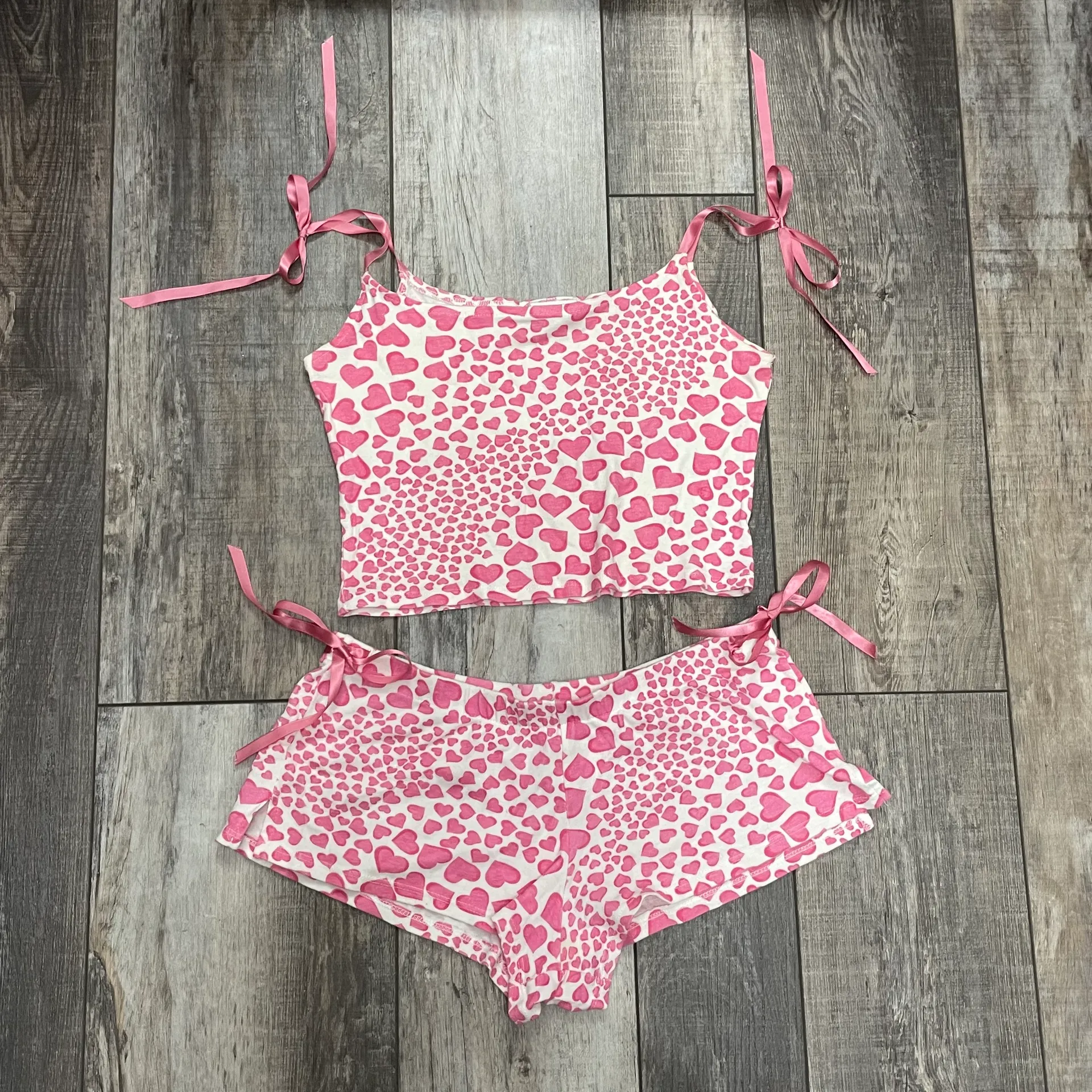 Vintage Shorts and Tank Pajama Set White with Pink Hearts Medium Short Small Top - Image 2
