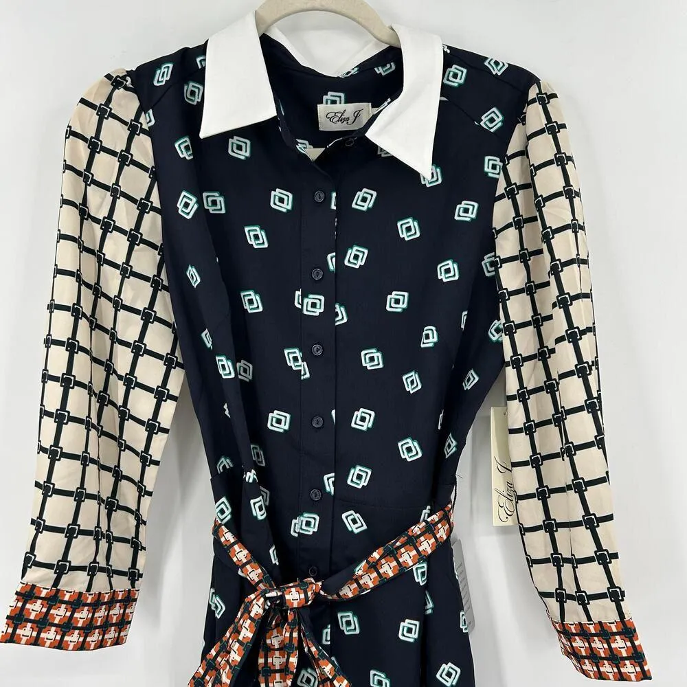 NWT Eliza J Geo Print Belted Shirtdress Collar Midi Button Closure Bold - Image 4