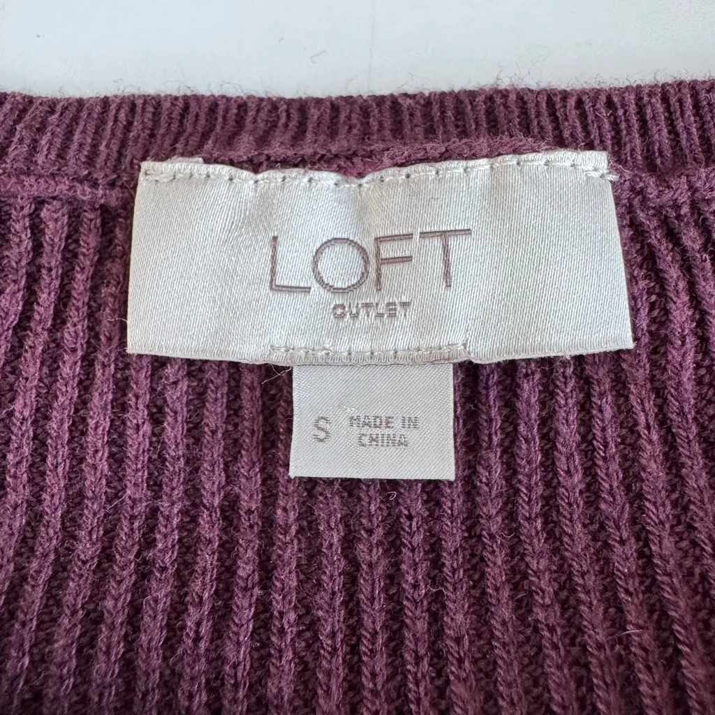 LOFT Burgundy Wine Dark Red Ribbed Cotton Crewneck Sweater Size Small - Image 5