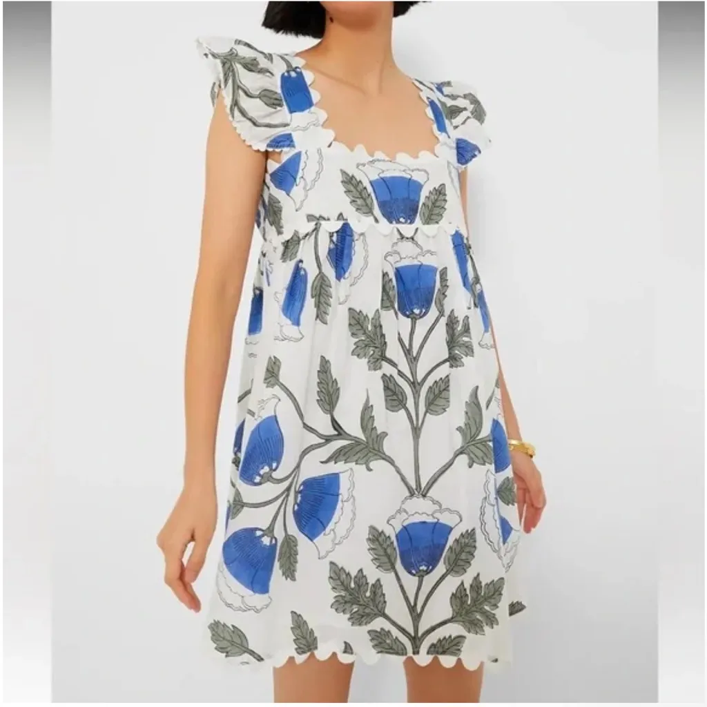 JULIET DUNN White Klein‎ Blue Baby Doll Dress with Bellflower Block Print Size L Size L - Image 2