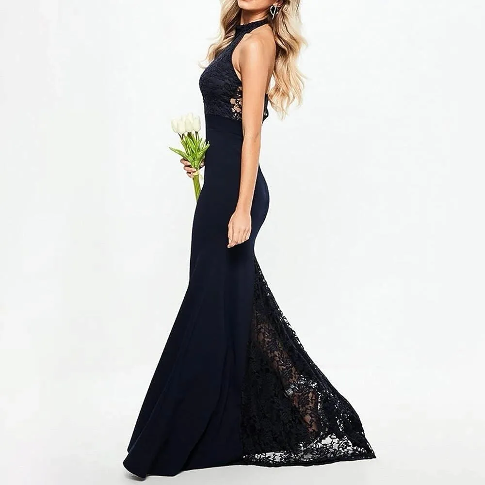 Missguided Navy Blue Lace Halter Sleeveless Cocktail Maxi Bridesmaid Dress Sz 2 - Image 2