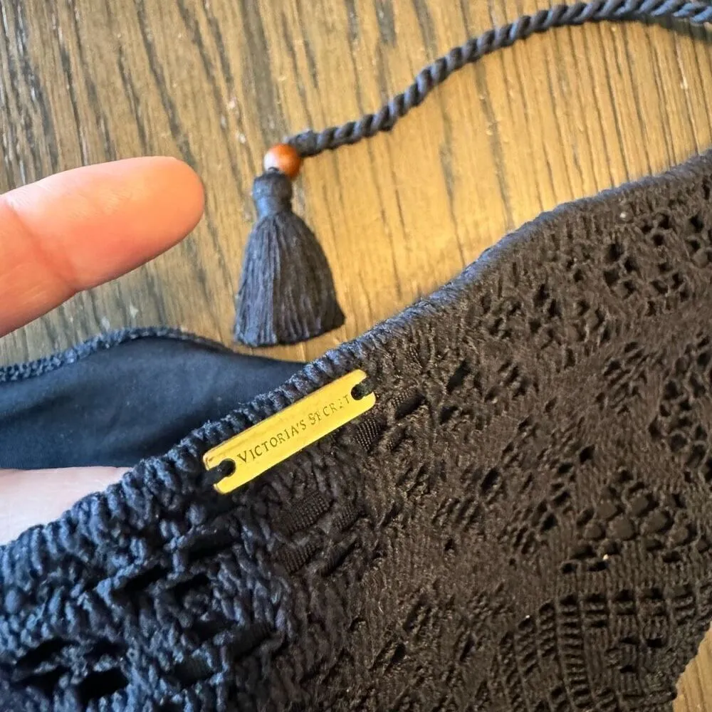 Victorias Secret Black Crocheted Side Tie Beaded Cheeky Swim Bikini Bottom Large - Image 6