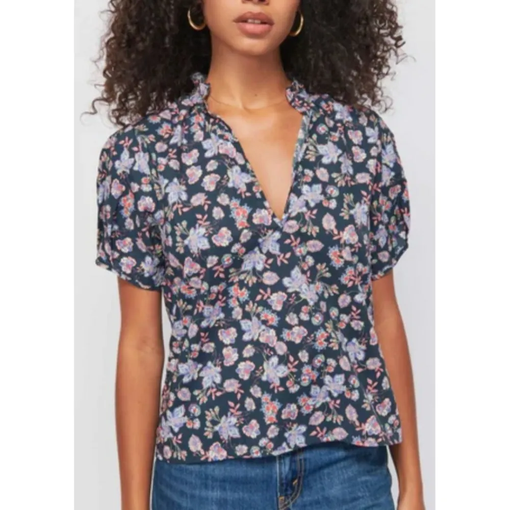 NATION LTD Pima Cotton Rosanna Floral Print Puff Sleeve Blouse in Midsummer Sz L - Image 2