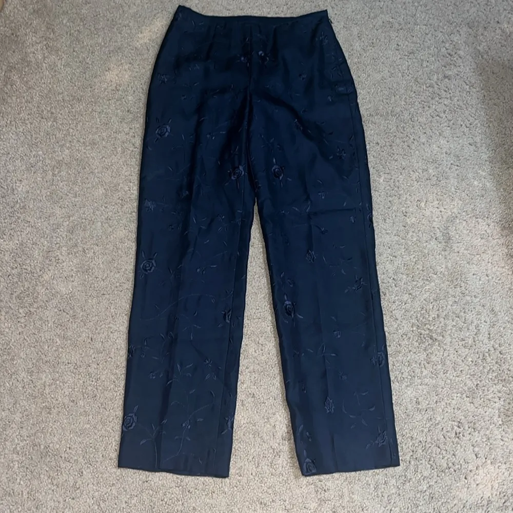 Ann Taylor Vintage Floral‎ Embroidered Silk Suit Set Blazer Trouser Blue 4/6 - Image 7