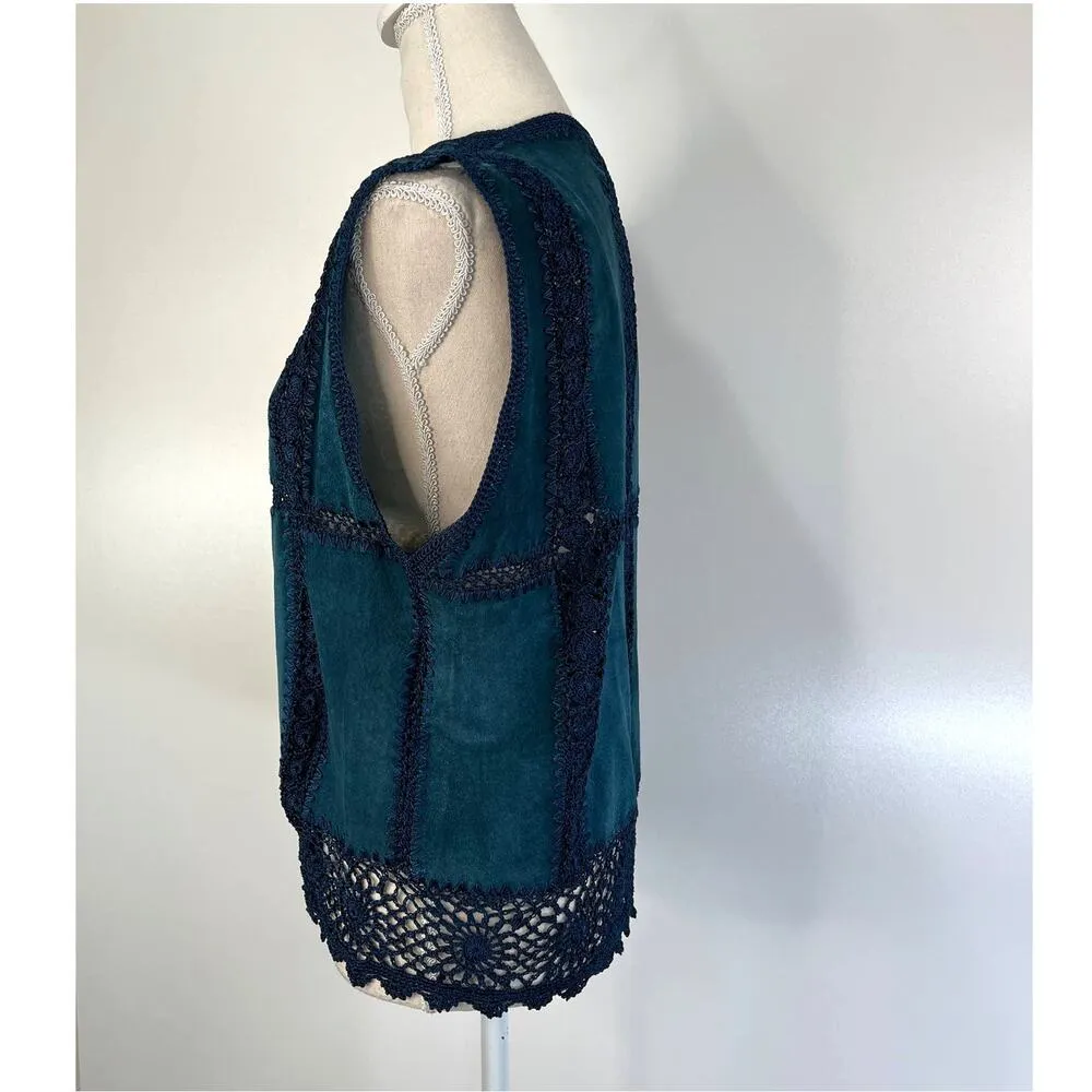 Vintage Crochet Leather Patchwork Vest Scully's Teal Waistcoat Boho Blue Size L - Image 6
