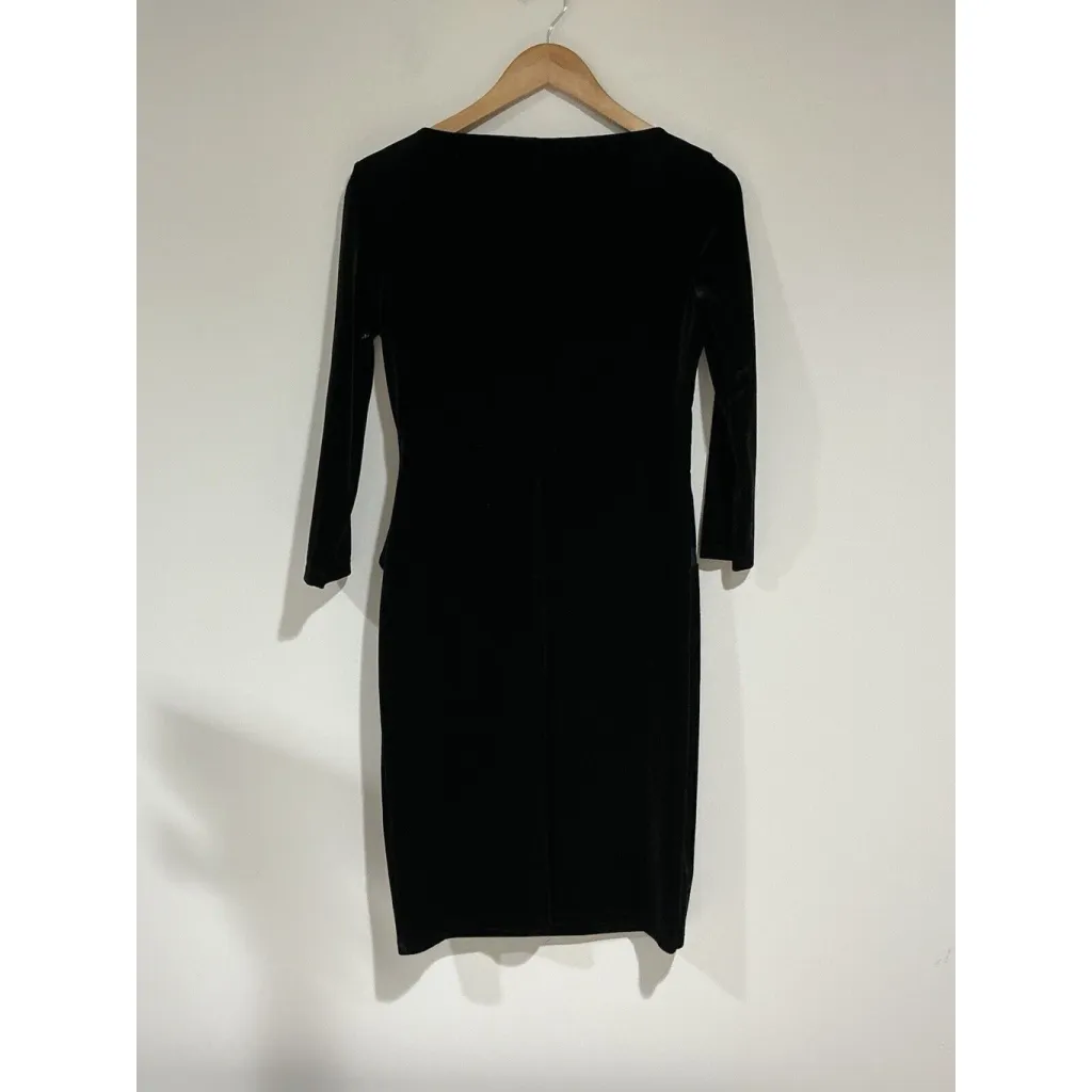Woman’s American Living Size 4 Black Ruffled Velvet Long Sleeve Sheath Dress - Image 3
