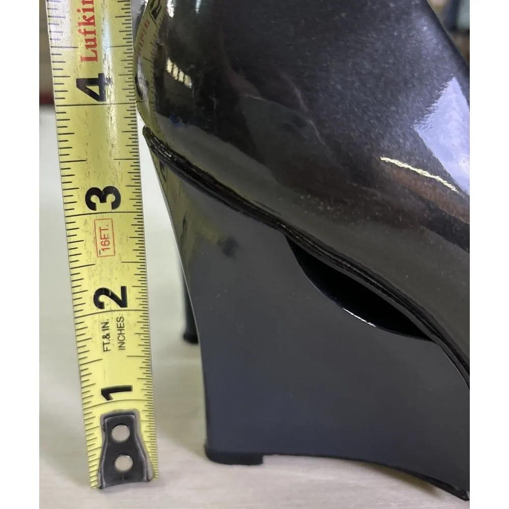 Charles Jourdan Paris Women's Shoes Sz 7.5‎ Patent Leather Gray Black Wedge Heel - Image 4