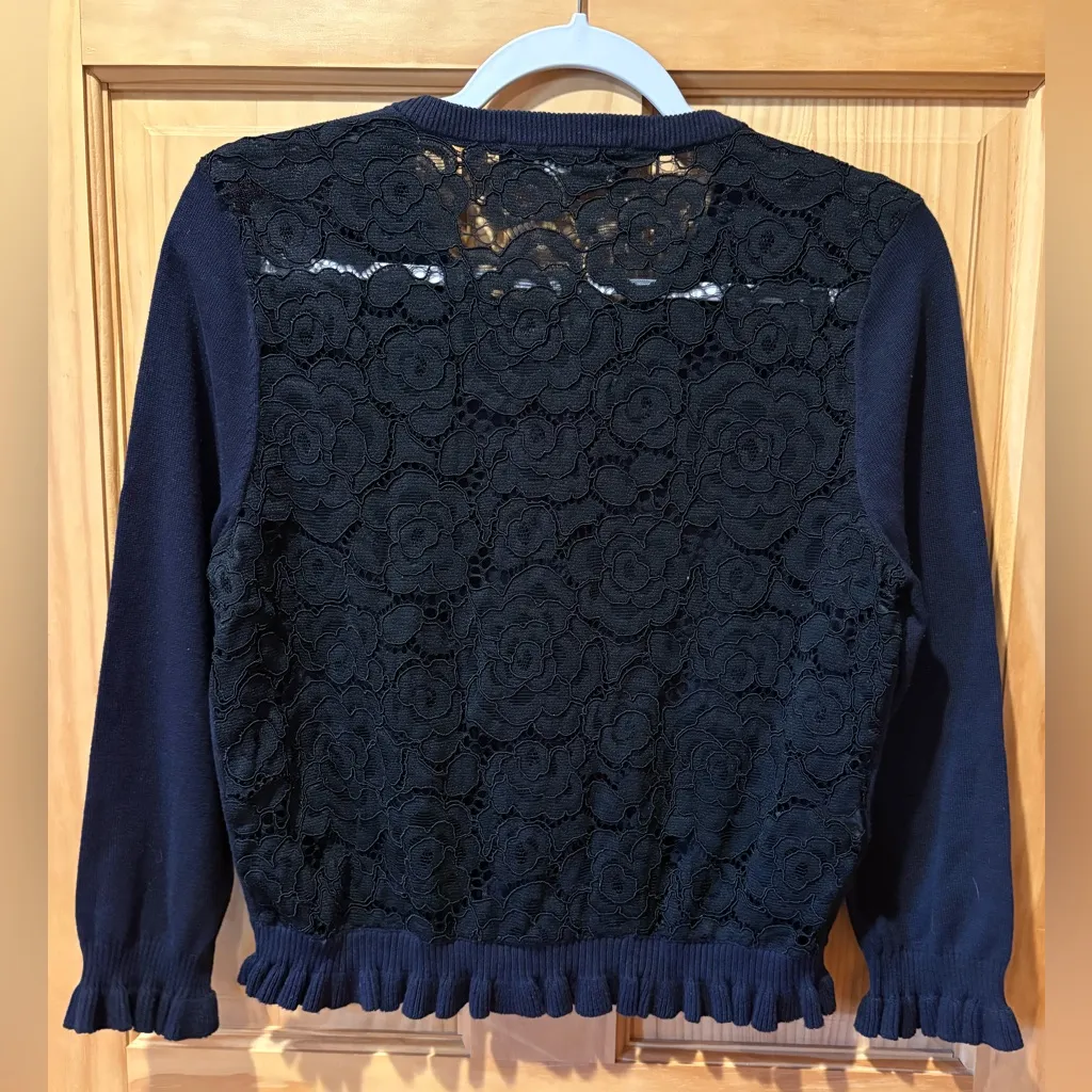 Karl Lagerfeld Paris women's cardigan pearl buttons ruffle detail lace back M - Image 3